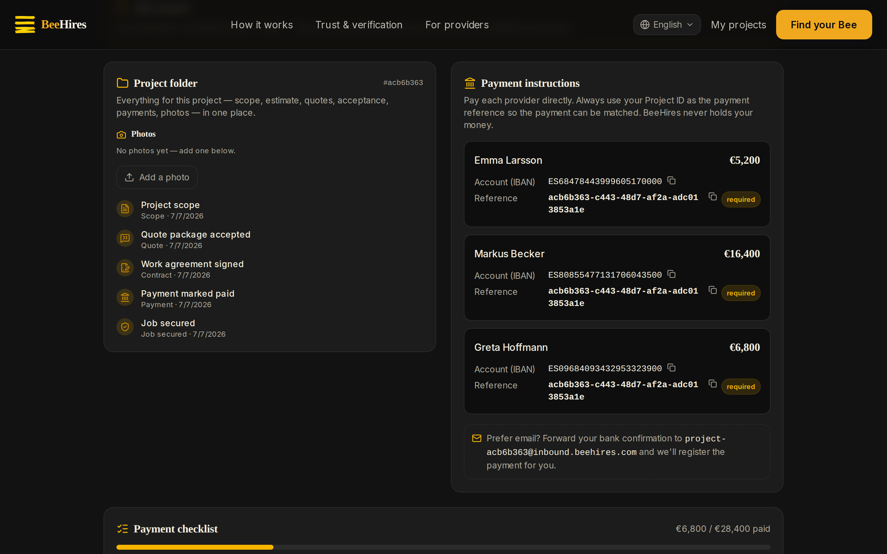 Your project folder — quote package and payment checklist in one place.