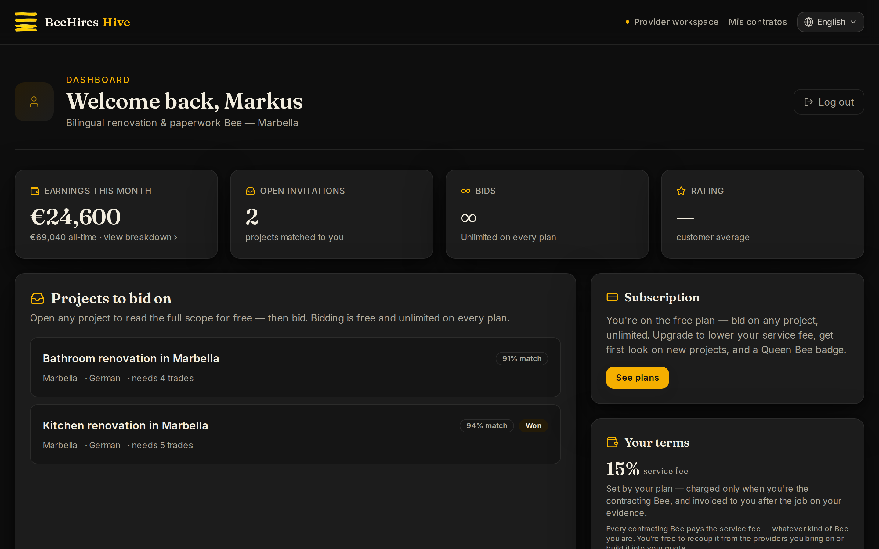 New jobs land in your hive inbox, ready to bid.